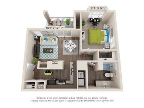 Floor plan for 1 bed, 1 bath, 748 sqft